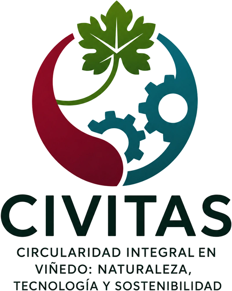 Logo del proyecto CIVITAS: hoja de vid sobre un círculo de trazo granate y engranajes, con el lema Circularidad Integral en Viñedo: Naturaleza, Tecnología y Sostenibilidad